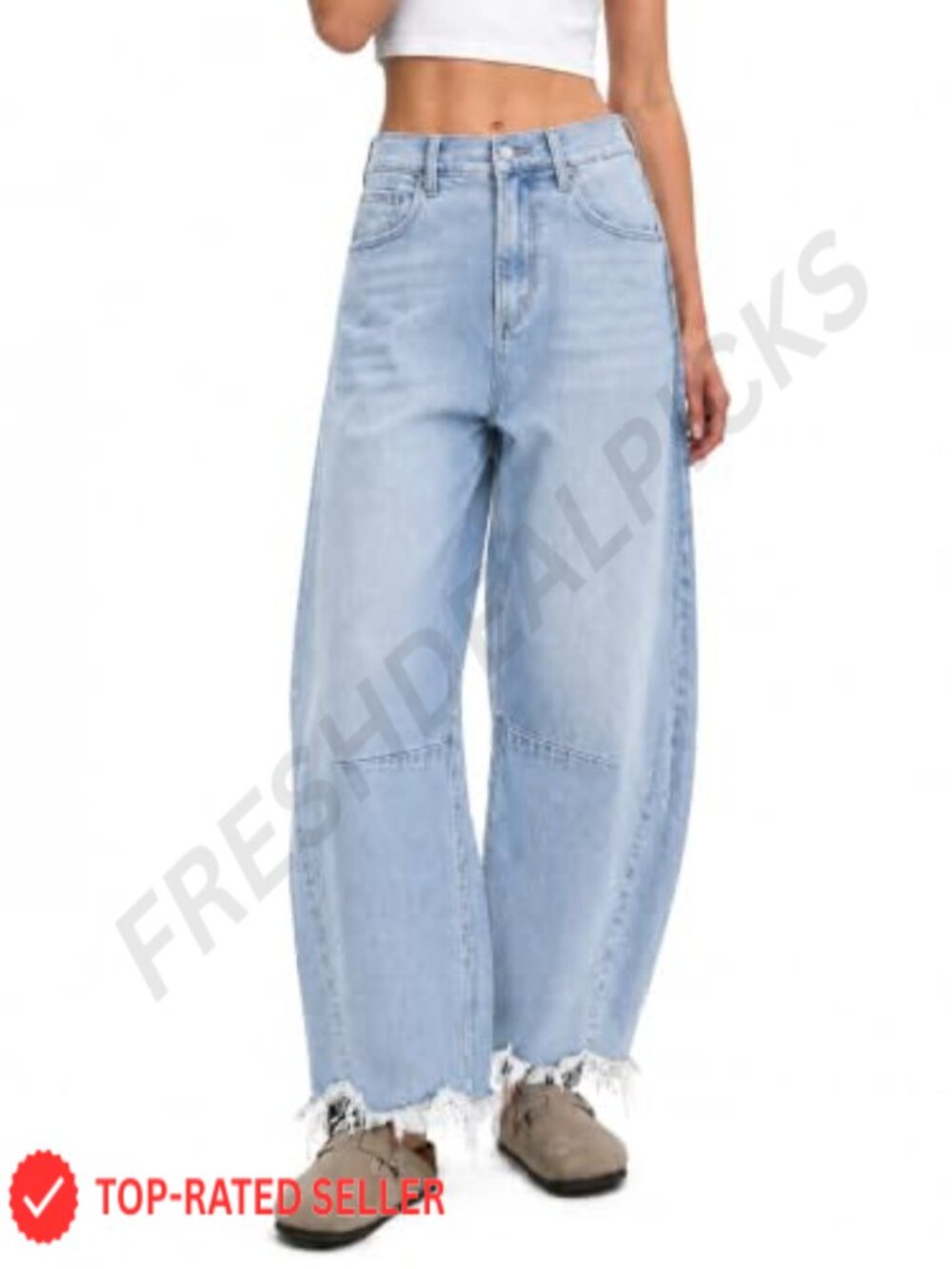 High-Rise Wide Leg Barrel Raw Hem Cropped Jeans with Stretch